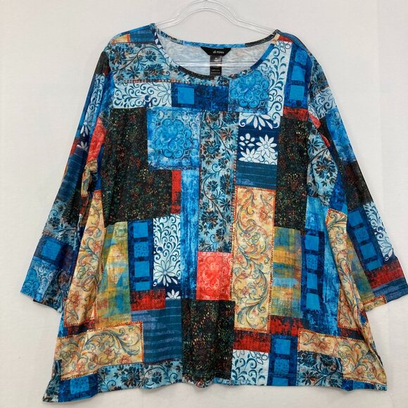 Ali Miles size 2X Colorful Boho Artsy Patchwork Print Relaxed Stretch Blouse - Picture 1 of 9